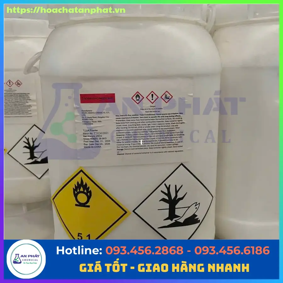 TCCA dạng bột C3Cl3N3O3 90%, Trung Quốc, Thùng 25kg