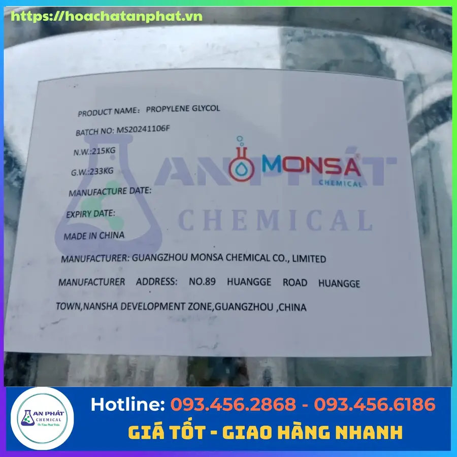Propylene Glycol ( PG) C3H8O2 99.5%, Trung Quốc, Phuy 215kg