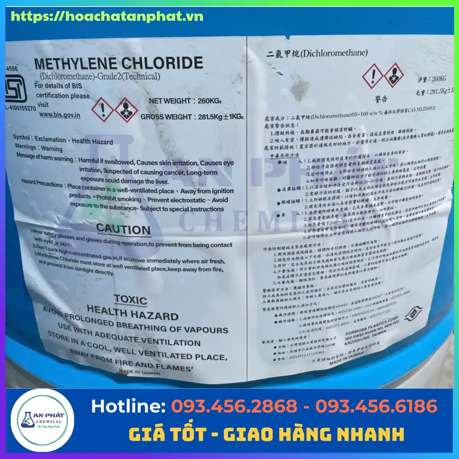 Methylene Chloride ( MC) CH2Cl2 99%, Đài Loan, Phuy 260kg